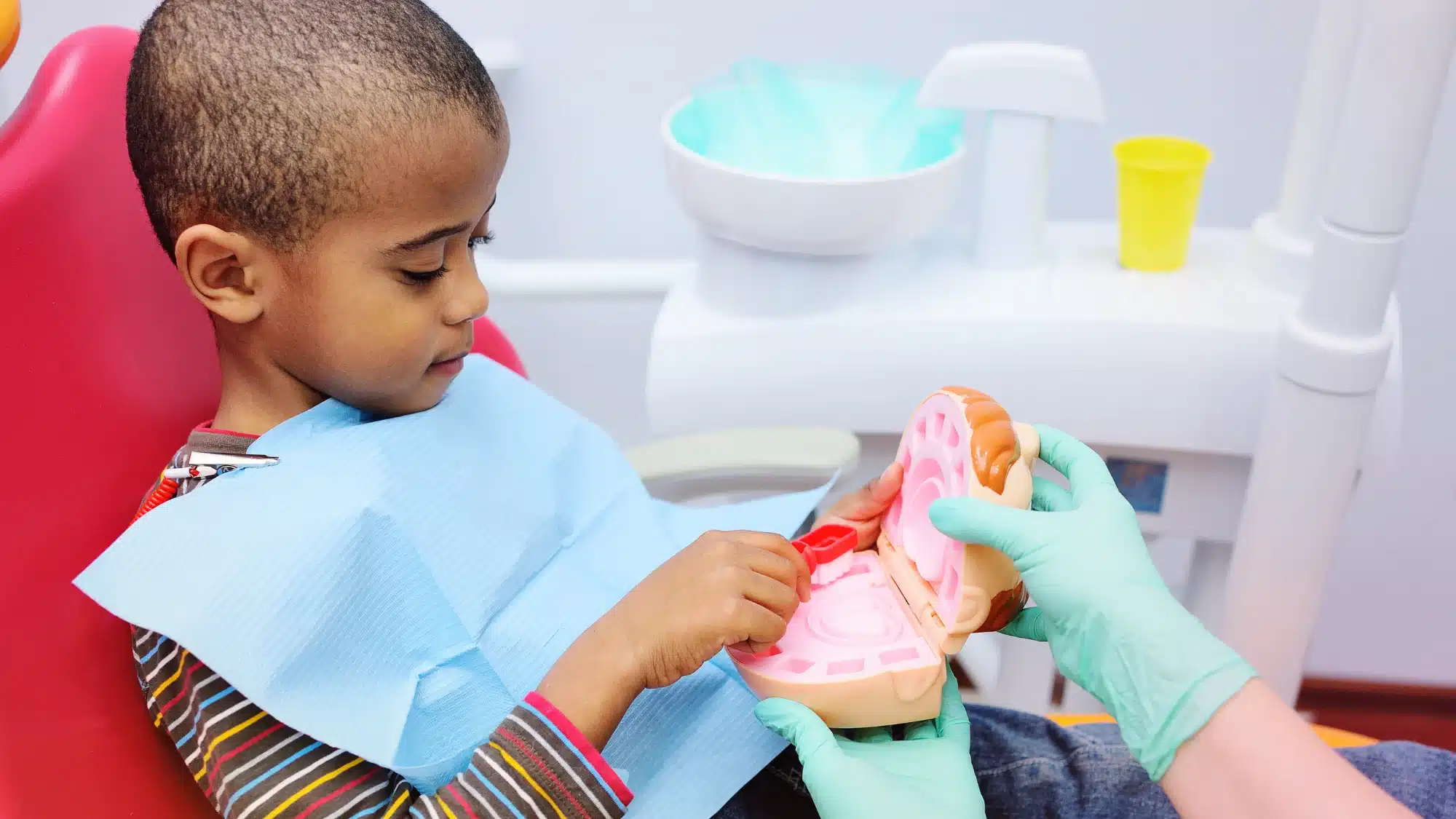 Pediatric dentist providing routine dental checkup and preventive care services for a child patient in clinic